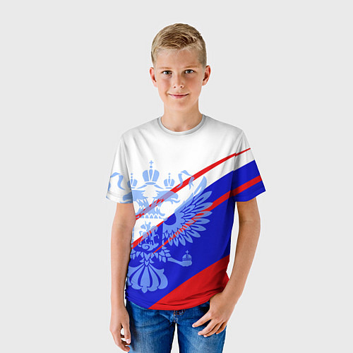 Детская футболка Герб на фоне цветов флага бело-сине-красный / 3D-принт – фото 3
