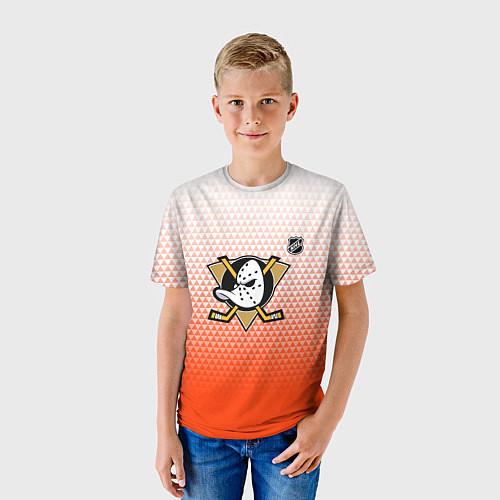 Детская футболка Анахайм Дакс - оранжевая геометрия / 3D-принт – фото 3