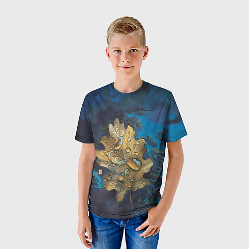 Детская футболка Осенний лист с каплями акварельный - крупный арт / 3D-принт – фото 3