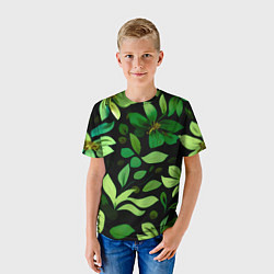 Футболка детская Чёрный с зелёными крупными цветами, цвет: 3D-принт — фото 2
