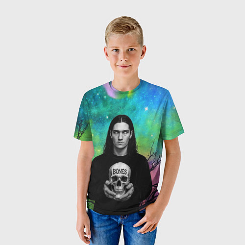 Детская футболка Bones без зрачков держит череп в руках / 3D-принт – фото 3
