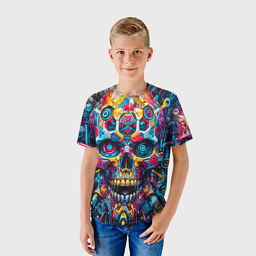 Детская футболка Кибер череп - нейроарт паттерн / 3D-принт – фото 3