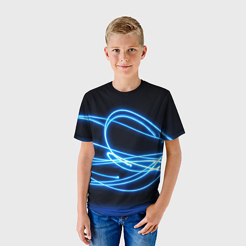Детская футболка Неоновые голубые волны на черном фоне / 3D-принт – фото 3