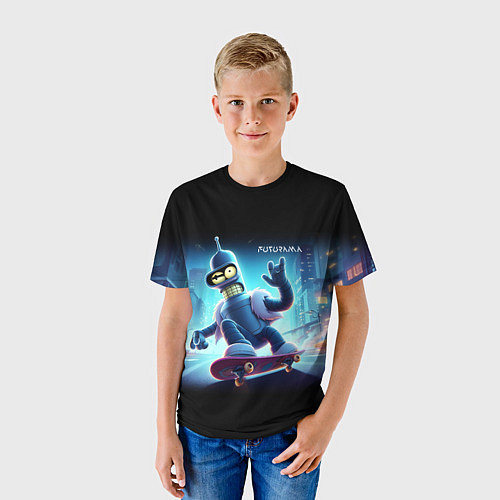 Детская футболка Bender is a skateboarder in neon street - ai art / 3D-принт – фото 3