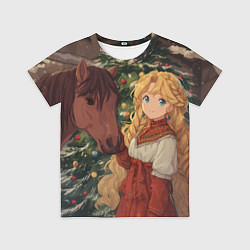 Футболка детская Аниме девочка с лошадкой встречают Новый год, цвет: 3D-принт