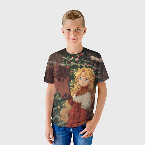 Детская футболка Аниме девочка с лошадкой встречают Новый год / 3D-принт – фото 3