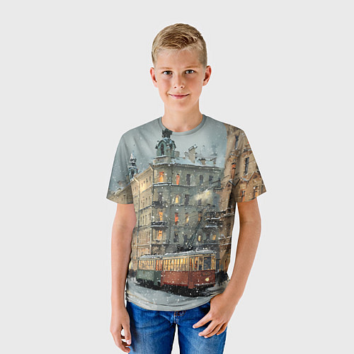 Детская футболка Трамваи в зимнем Санкт-Петербурге / 3D-принт – фото 3