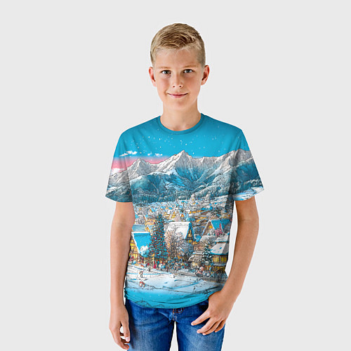 Детская футболка Новогодняя деревушка в горах / 3D-принт – фото 3