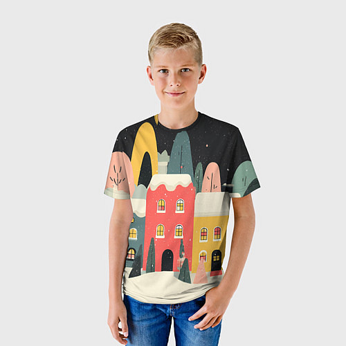 Детская футболка Разноцветные новогодние дома / 3D-принт – фото 3