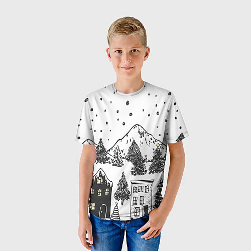 Детская футболка Заснеженный черно-белый город / 3D-принт – фото 3