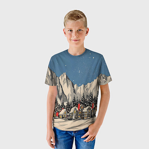 Детская футболка Небольшой новогодний город в горах / 3D-принт – фото 3