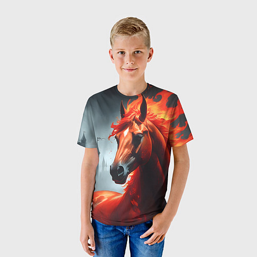 Детская футболка Огненная лошадь на сером / 3D-принт – фото 3