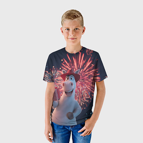 Детская футболка Лошадь с подарком на фоне салюта / 3D-принт – фото 3