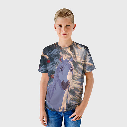 Детская футболка Белая лошадь на фоне елки / 3D-принт – фото 3