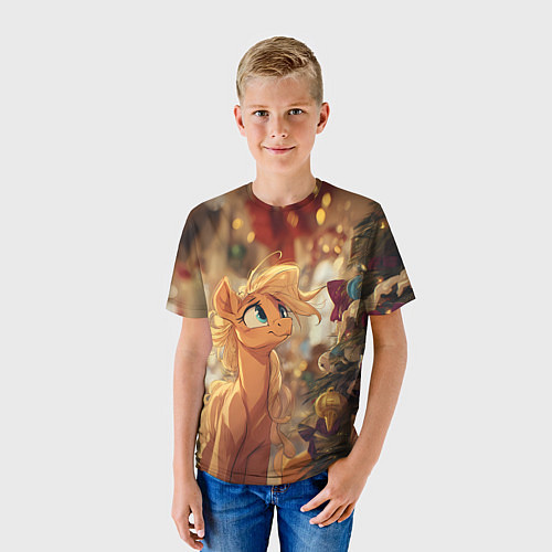 Детская футболка Милая лошадка любуется елкой / 3D-принт – фото 3