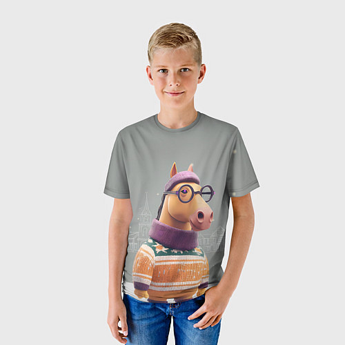 Детская футболка Новогодняя лошадка хипстер / 3D-принт – фото 3