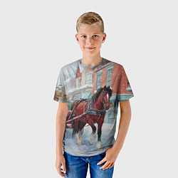 Футболка детская Лошадка с новогодней повозкой, цвет: 3D-принт — фото 2