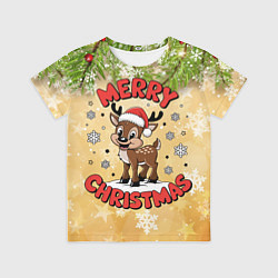 Футболка детская Олень в шапке Санты, цвет: 3D-принт