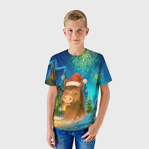 Детская футболка Новогодняя лошадка жует елочные ветки / 3D-принт – фото 3