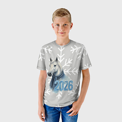 Детская футболка Лошадь на фоне снижинок 2026 / 3D-принт – фото 3