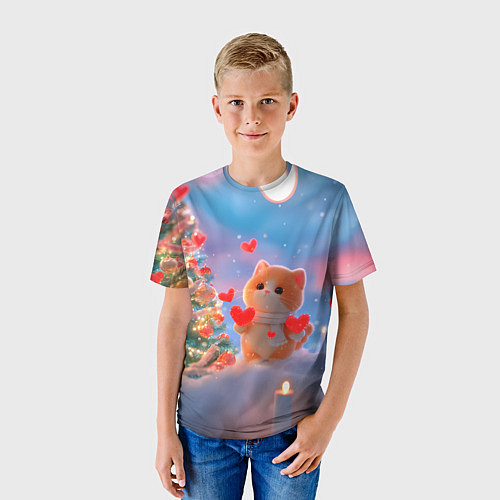 Детская футболка Рыжий котенок в сердечках у елочки / 3D-принт – фото 3