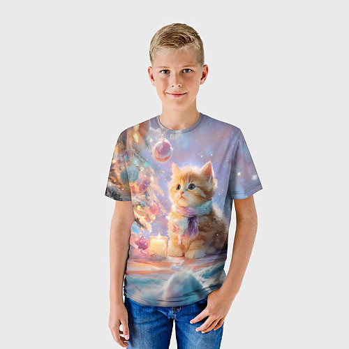 Детская футболка Маленький котенок встречает Новый год / 3D-принт – фото 3