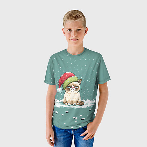 Детская футболка Недовольный новогодний котик / 3D-принт – фото 3