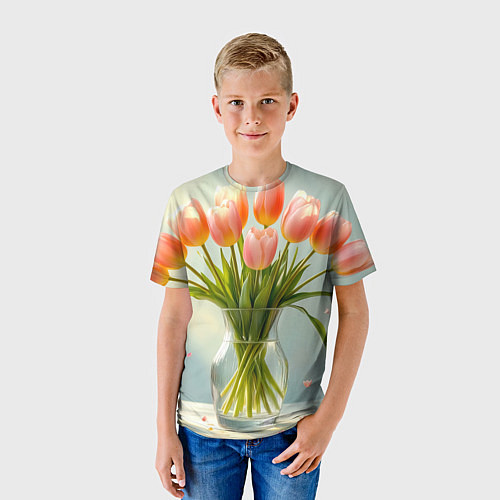 Детская футболка Нежно-розовые тюльпаны в лучах весны / 3D-принт – фото 3