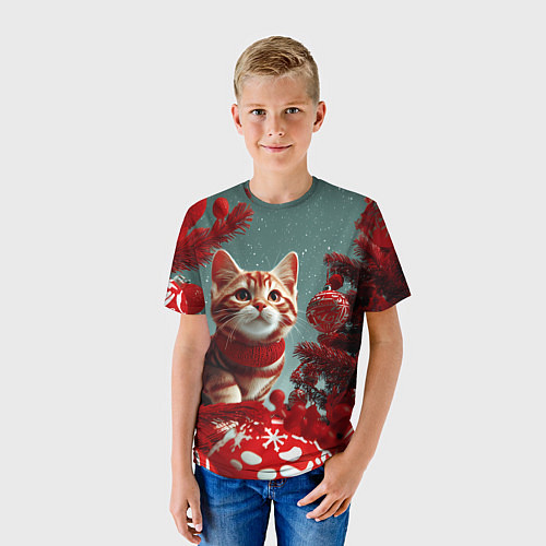 Детская футболка Рыжий кот - Новый год / 3D-принт – фото 3