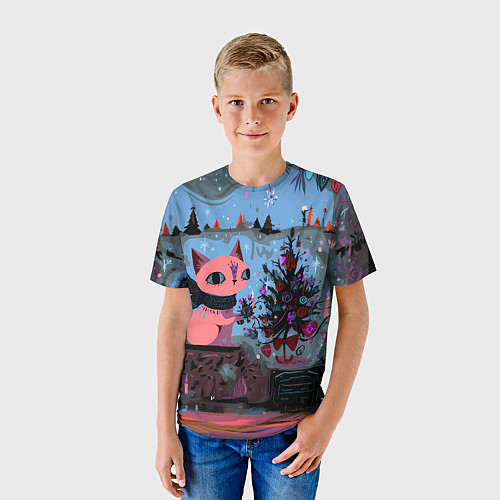Детская футболка Кошка празднует Новый год / 3D-принт – фото 3