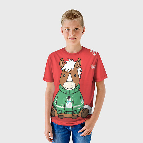 Детская футболка Новогодняя лошадка в зеленом свитере / 3D-принт – фото 3