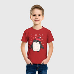 Футболка хлопковая детская Пингвин в шапке, цвет: красный — фото 2