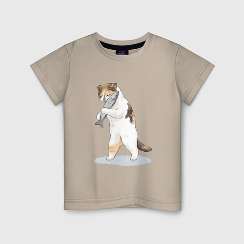 Детская футболка Кот с рыбой / Миндальный – фото 1