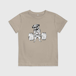 Футболка хлопковая детская Мопс пауэрлифтер, цвет: миндальный