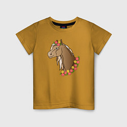 Футболка хлопковая детская Лошадь в цветах, цвет: горчичный