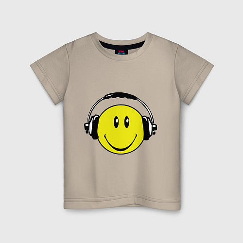 Детская футболка Смайлик в наушниках / Миндальный – фото 1