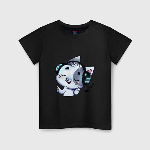 Детская футболка Котик в наушниках / Черный – фото 1