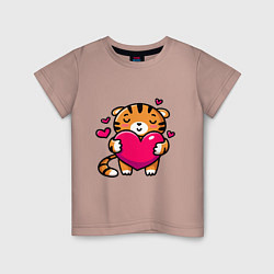Футболка хлопковая детская Милый тигренок с сердечком, цвет: пыльно-розовый