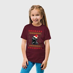 Футболка хлопковая детская Рождественский свитер Черный мопс, цвет: меланж-бордовый — фото 2