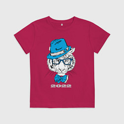 Футболка хлопковая детская Водяной тигр в синей шляпе, цвет: маджента