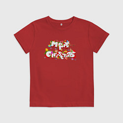 Футболка хлопковая детская Merry Christmas С Новым Годом и Рождеством Надпись, цвет: красный