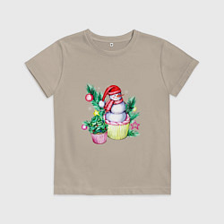 Футболка хлопковая детская Новогодние сладости Снеговик, цвет: миндальный