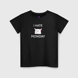 Футболка хлопковая детская I hate monday текст с котом, цвет: черный