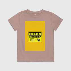 Футболка хлопковая детская Внимание злой геймер, цвет: пыльно-розовый