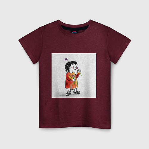 Детская футболка Девочка и цветы / Меланж-бордовый – фото 1