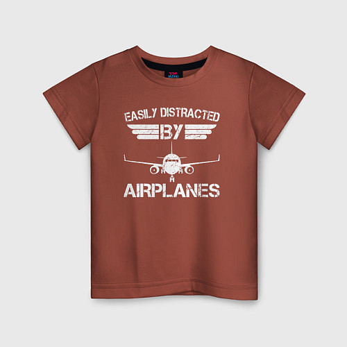 Детская футболка Легко отвлекается на самолеты / Кирпичный – фото 1