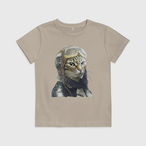 Детская футболка Кот - пилот The pilot Cat / Миндальный – фото 1