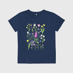 Футболка хлопковая детская Полевые цветы, растения акварелью Ботаника, цвет: тёмно-синий