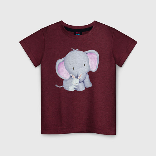 Детская футболка Милый Крольчонок Обнимает Слонёнка / Меланж-бордовый – фото 1