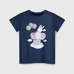 Футболка хлопковая детская Милый Слонёнок и Крольчонок На Облаке, цвет: тёмно-синий